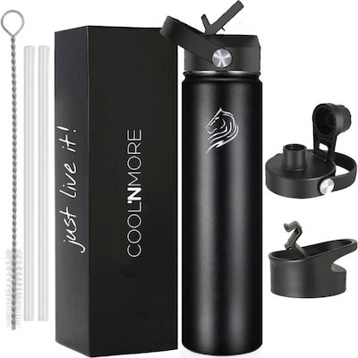 Jet Bottle Thermos Stainless Steel Black 750ml with Mouthpiece and Straw