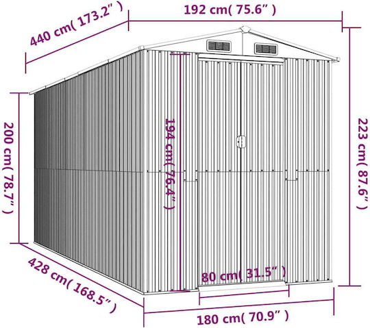 Metallic Garden Shed Galvanized Green with Air Vents L1.92xW4.4xH2.23m