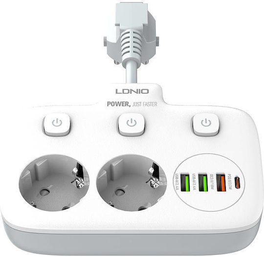 Ldnio Bandă de alimentare 2 Prize cu 3 USB-A, 1 USB-C și Comutator