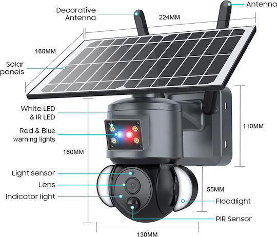 Sectec ST-S528M-4G-3M-ASR IP Überwachungskamera 4G Full HD+ 3MP Wasserdicht Batteriebetrieben mit Zwei-Wege-Kommunikation und Objektiv 3.6mm Gray