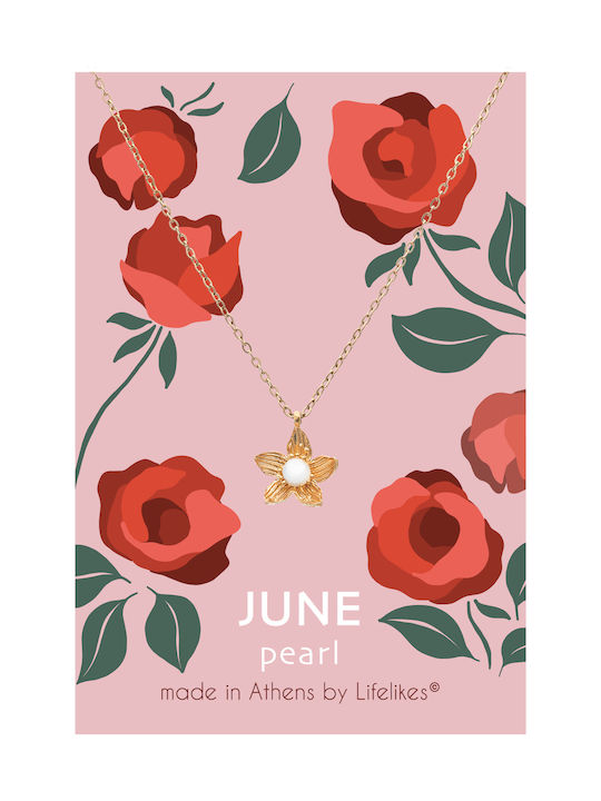 LifeLikes Birthstone June Κολιέ με σχέδιο Λουλούδι Επιχρυσωμένο με Πέρλες