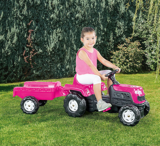 Tractor pentru copii Unicorn De la picior la podea cu caruta si pedala Roz