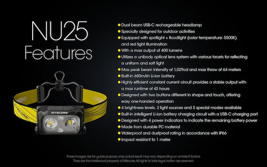 NiteCore Επαναφορτιζόμενος Φακός Κεφαλής LED IP66 με Μέγιστη Φωτεινότητα 360lm NU25