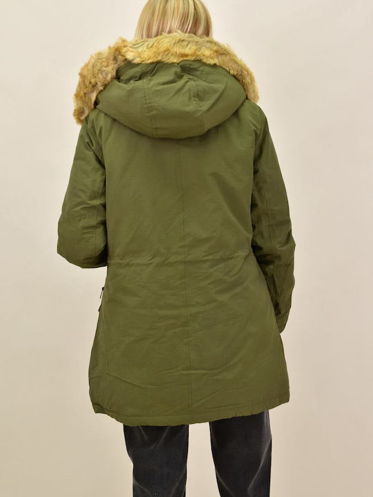 Potre Lang Damen Parka Jacke mit pelziger Kapuze für Winter Khaki