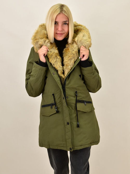 Lang Damen Parka Jacke mit pelziger Kapuze für Winter Khaki