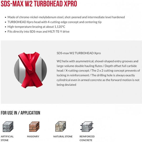 Keil W2 Turbohead Xpro Four-Cut Diamond Drill with SDS Max Shank for Masonry 40x570mm