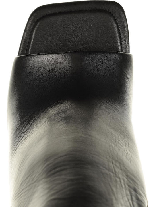 Leather Mules with Chunky High Heel in Black Color