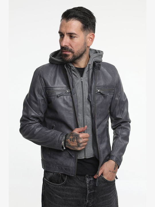 Graue Lederjacke für Herren mit abnehmbarer Kapuze CODE: 9295