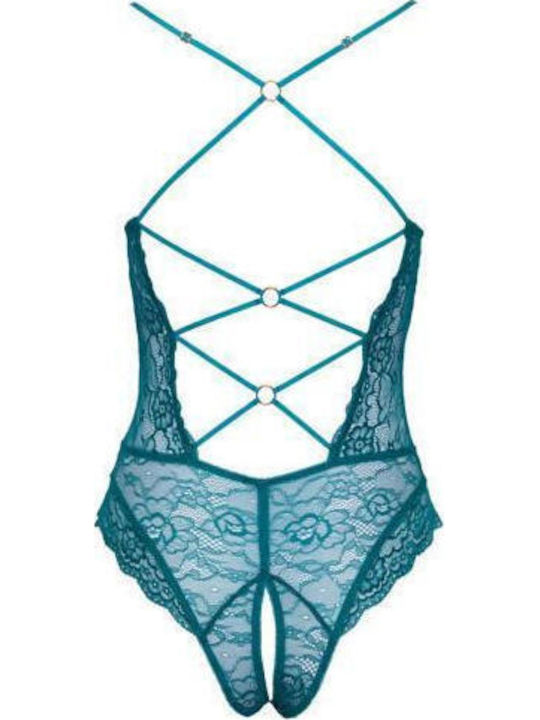 Cottelli Collection Sexy Bodysuit mit Spitze Offener Schritt Grün Blau