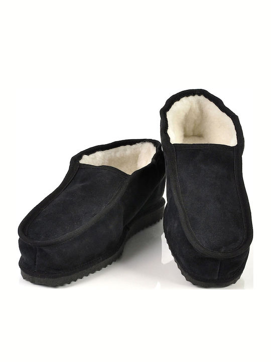Heel Enclosed Men's Slippers with Fur Black