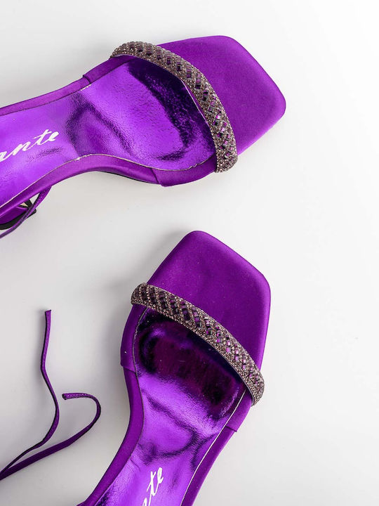 Fabric Women's Sandals with Strass & Laces Purple with Chunky High Heel