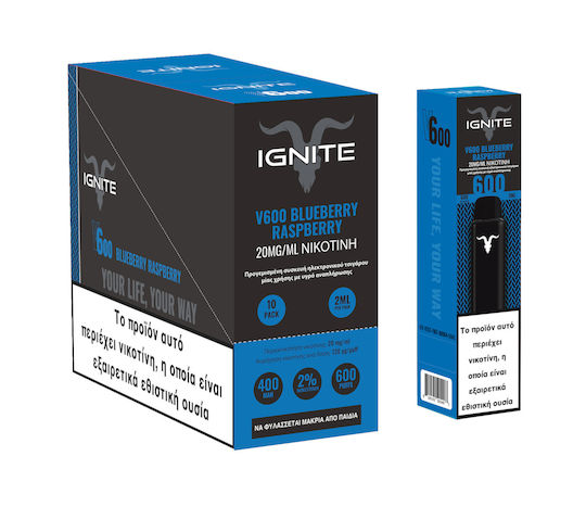Ignite V600 Ηλεκτρονικό Τσιγάρο μιας Χρήσης Blueberry Raspberry 2ml 20mg Μαύρο