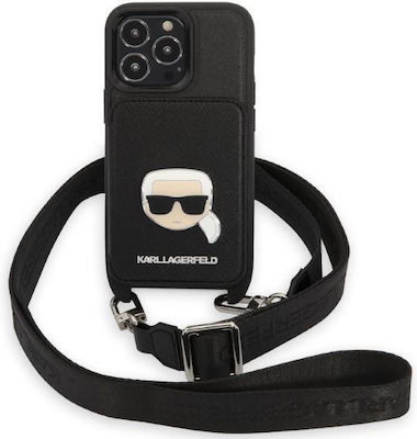 Karl Lagerfeld Crossbody Metal Ikonik Saffiano Metal Karl's Head Plastic Back Cover with Strap Black (iPhone 13 Pro)