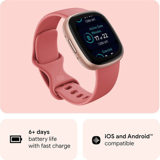 Fitbit Versa 4 Aluminium 41mm Waterproof Smartwatch with Heart Rate Monitor (Pink Sand/Copper Rose)