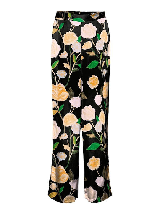 Damen Hoch tailliert Stoff Hose mit Gummizug in Weitem Schnitt Blumen Schwarz