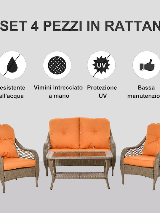 Set Cameră De Zi Pentru Exterior 4 Piese Kaki / Portocaliu Cu Perne