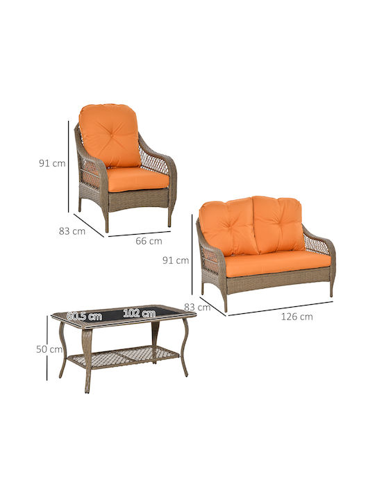 Set Cameră De Zi Pentru Exterior 4 Piese Kaki / Portocaliu Cu Perne