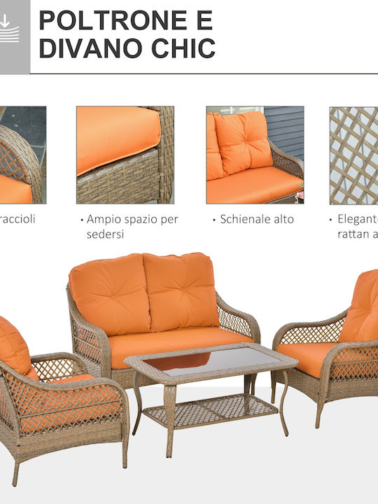Set Cameră De Zi Pentru Exterior 4 Piese Kaki / Portocaliu Cu Perne
