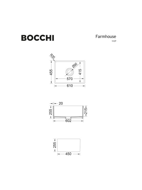 Bocchi 1137-301 Gefäß Spüle Porzellan Satiniert B61xT46cm Weiß