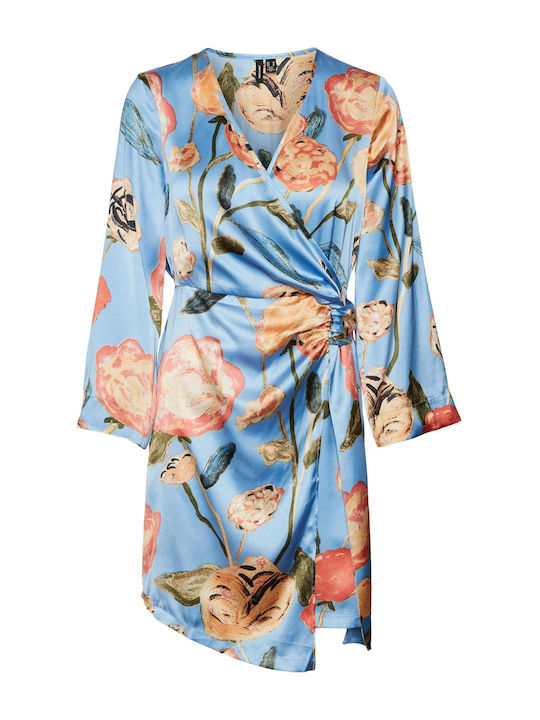 Renee Noa Summer Mini Evening Dress Satin Wrap Light Blue