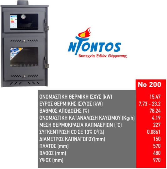 Ntontos N.200 Metallic Wood Stove with Oven 15.47kW Gray