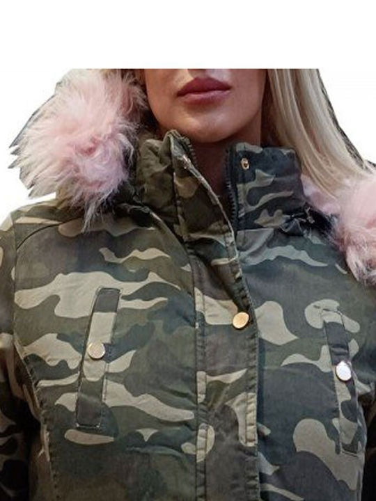 Blue Lake Camouflage Jacke khaki BLUE LAKE Jacke 3/4 Baumwolle Silikon Camouflage Jacke mit gestepptem Futter mit Fiberglas und natürlichen Wolfsfell auf der Kapuze