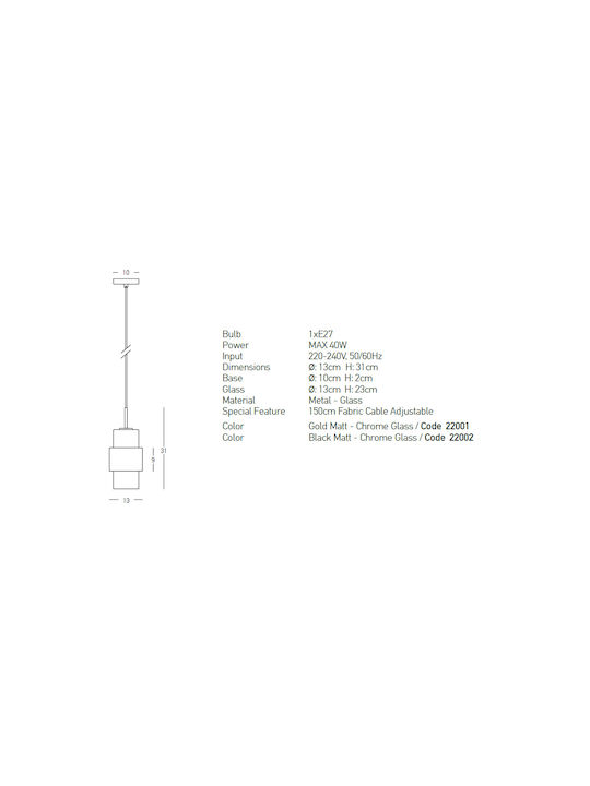 Zambelis Lights Adjustable Pendant Light Gold with Socket E27 13x31cm