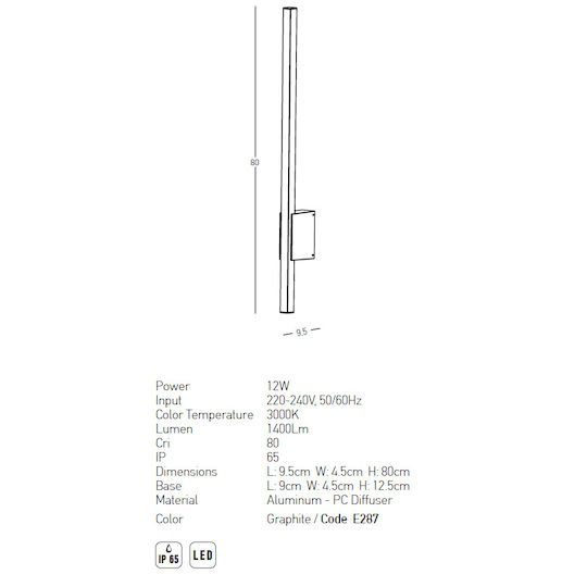 Zambelis Lights Επιτοίχιο Γραμμικό Φωτιστικό LED IP65 12W με Θερμό Λευκό Φως 9.5x4.5x80εκ.