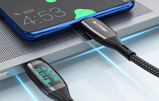 BlitzWolf BW-TC23 Braided / LED USB 2.0 Cable USB-C male - USB-C 100W PD Μαύρο 0.9m