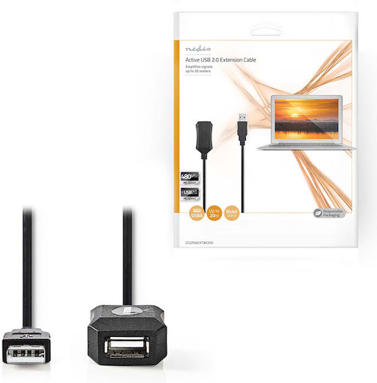 Nedis USB 2.0 Cable USB-A male - USB-A female Μαύρο 20m (CCGP60EXTBK200)