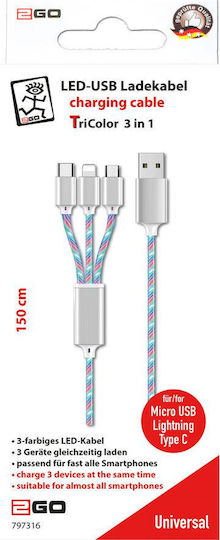 2GO LED USB to Lightning / Type-C / micro USB 1.5m Cable White (797316)