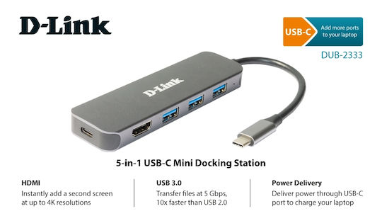 D-Link USB-C Докинг станция с HDMI 4K PD Сив (DUB-2333)