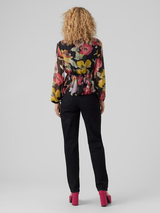 Vero Moda Damen Bluse Langärmelig mit V-Ausschnitt Blumen Schwarz