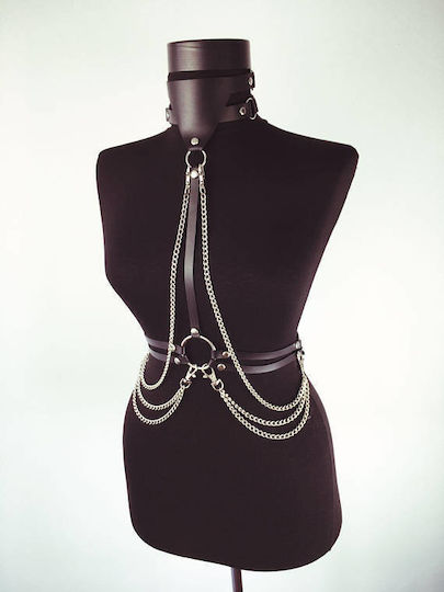 Leather & Latex Outfit Women's Leather Top with Necklace & Chains Black