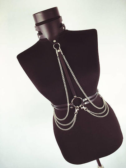 Leather & Latex Outfit Women's Leather Top with Necklace & Chains Black