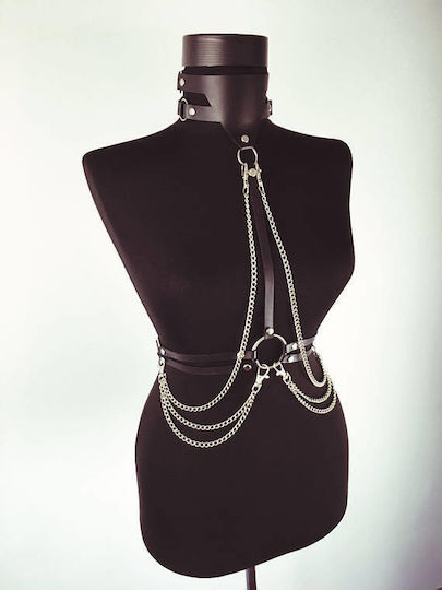 Leather & Latex Outfit Women's Leather Top with Necklace & Chains Black