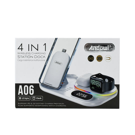 Andowl Ασύρματος Φορτιστής (Qi Pad) 30W Quick Charge 3.0 Λευκός (Α06)