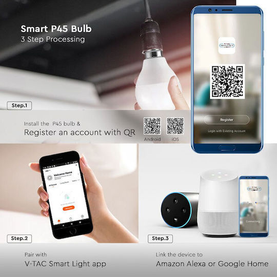 V-TAC Bec Smart LED 4.8W pentru Dulie E14 și Formă P45 RGBW 450lm Reglabil în intensitate