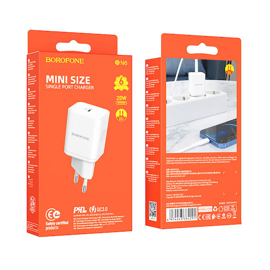 Borofone Mobile Phone Charger with USB-C Port and USB-C - Lightning Cable 20W Power Delivery / Quick Charge 3.0 White