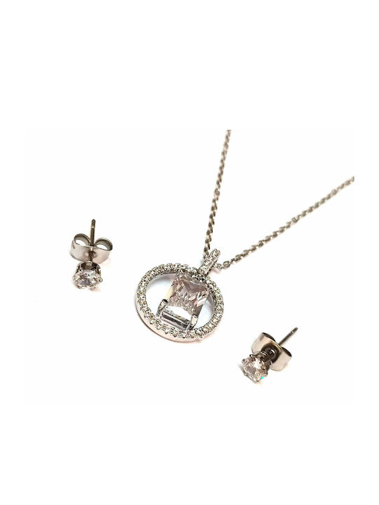 Steel jewellery set necklace and earrings with white diamonds, stainless steel and hypoallergenic