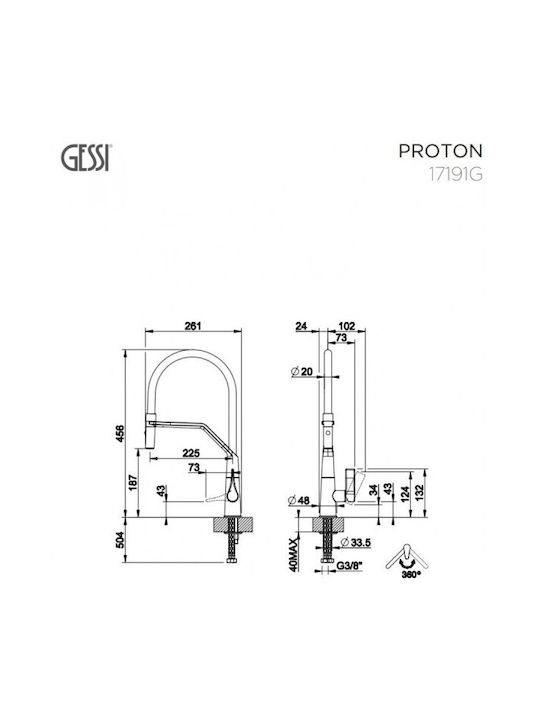 Gessi Proton Ψηλή Σπαστή Μπαταρία Κουζίνας Πάγκου Μαύρη
