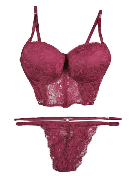 Cansoy Dantelat Set de Lenjerie Sutien cu Brazilia Burgundy