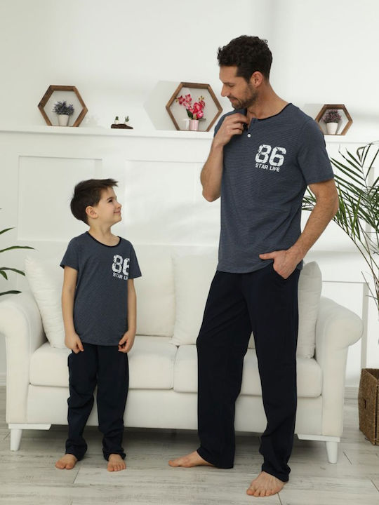 Sexen Men's Summer Cotton Pajamas Set Navy Blue