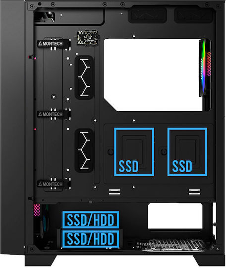 Montech AIR 1000 Premium Геймърско бюро Midi Tower Компютърна кутия със страничен прозорец и RGB осветление Черен