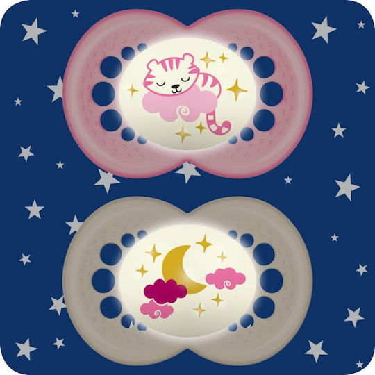 Mam Orthodontic Pacifiers Silicone Night Moon-Sleepy Kitten - Pink-White for 16+ months 2pcs