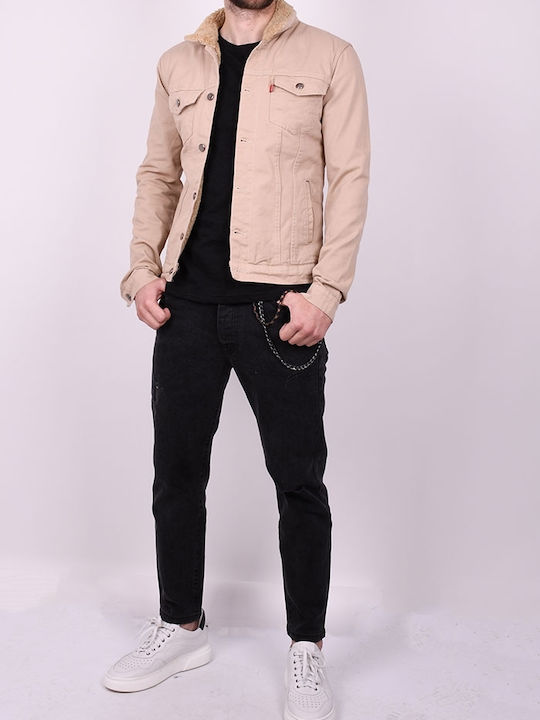 Beigefarbene Jeansjacke mit Fellfutter Beige