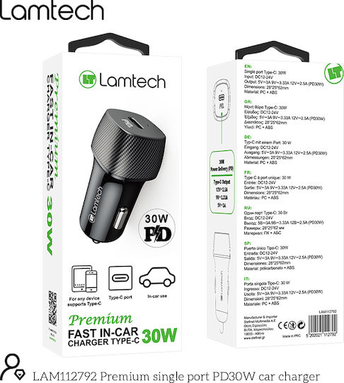 Lamtech Φορτιστής Αυτοκινήτου 30W Γρήγορης Φόρτισης με μία Θύρα: 1xType-C Μαύρος