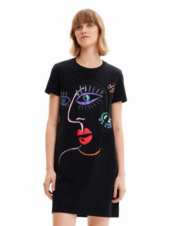 Desigual Arty Face Rochii de vară pentru femei Mini Tricou Rochie Negru