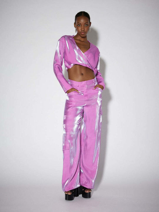 Damen Stoff Cargo Hose in Weitem Schnitt Rose Violet