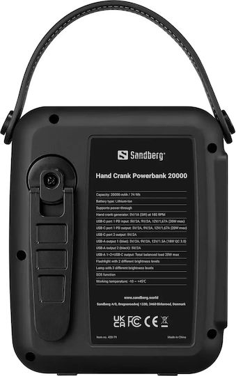 Sandberg Hand Crank Power Bank 20000mAh 20W with 2 USB-A Output Ports and 2 USB-C Output Ports Power Delivery Quick Charge Black